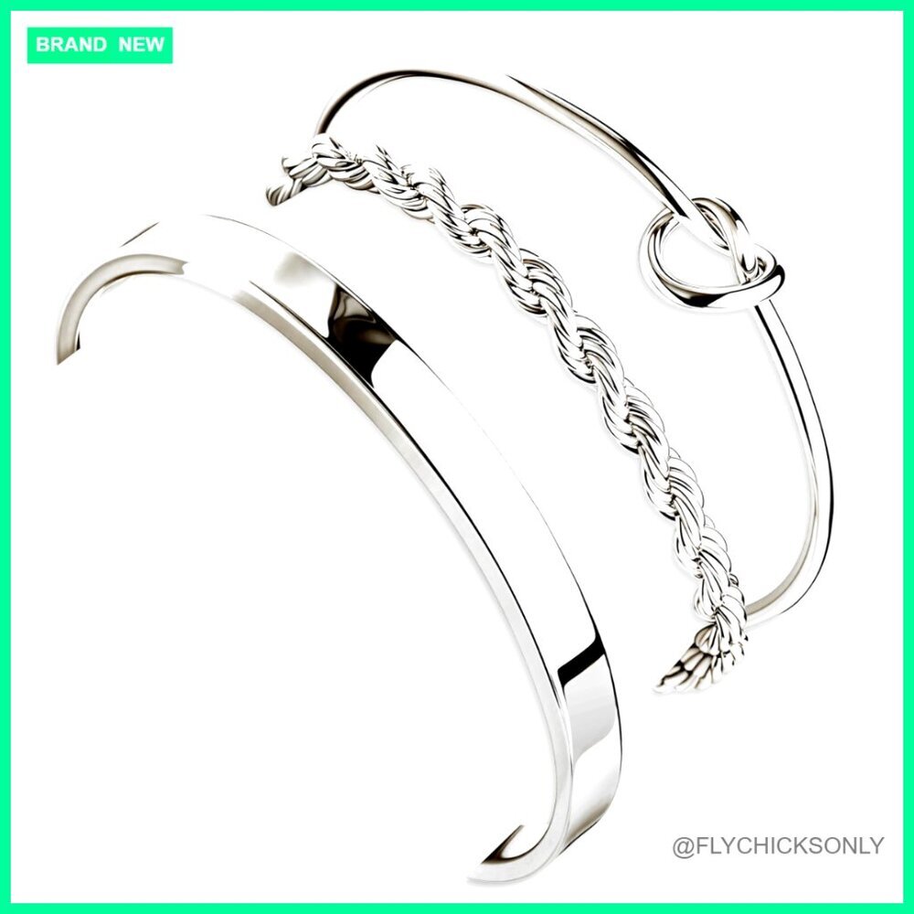 Sterling Silver Adjustable Bangle Cuff Set, 3-Piece Stackable Bracelets